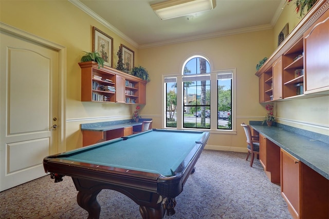 recreation room with light colored carpet, crown molding, and billiards