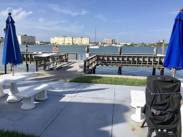 view of dock with a water view