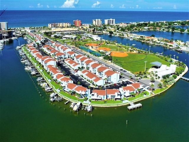 birds eye view of property featuring a water view