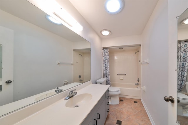 full bathroom with vanity, tile patterned flooring, shower / bathtub combination with curtain, and toilet