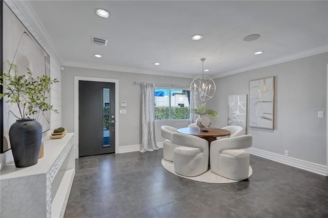 dining space featuring crown molding and a notable chandelier