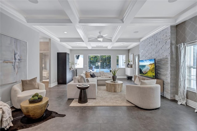 living room featuring ceiling fan, coffered ceiling, beamed ceiling, concrete floors, and ornamental molding