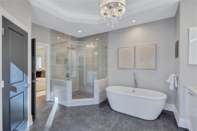 bathroom featuring a raised ceiling, crown molding, plus walk in shower, and a chandelier