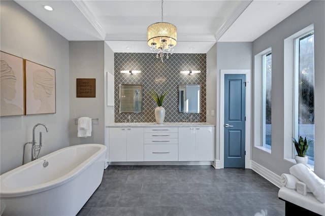 bathroom with decorative backsplash, ornamental molding, vanity, an inviting chandelier, and plus walk in shower