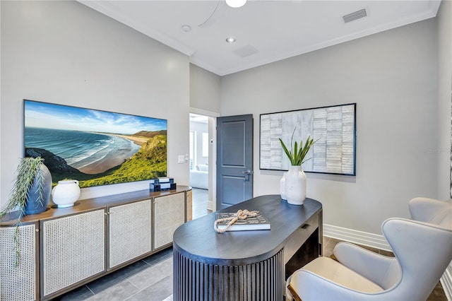 tiled home office featuring crown molding