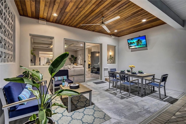 living room featuring ceiling fan and wooden ceiling