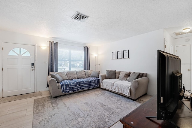 living room with a textured ceiling and a healthy amount of sunlight