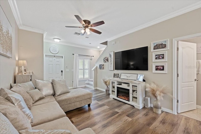 living room with hardwood / wood-style floors, ceiling fan, and ornamental molding