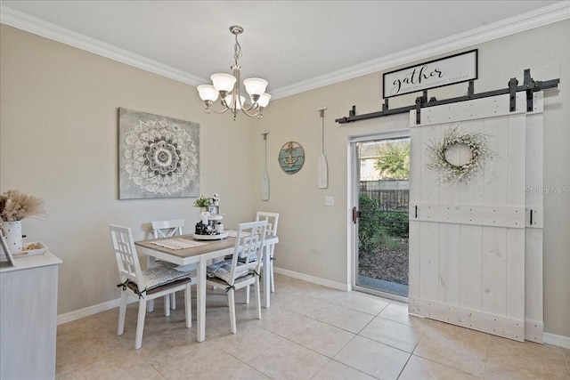 tiled dining space with a chandelier, a barn door, and ornamental molding