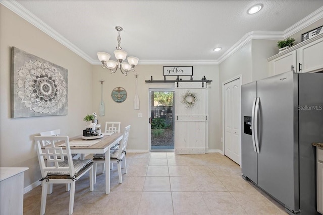 tiled dining area with crown molding, a chandelier, and a textured ceiling