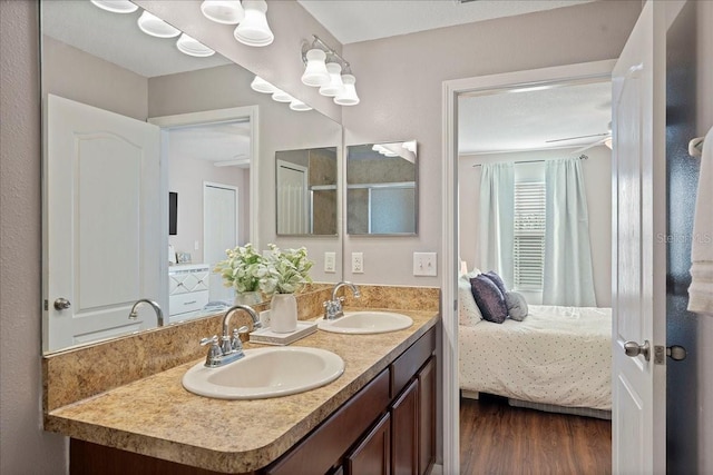 bathroom with hardwood / wood-style flooring and vanity