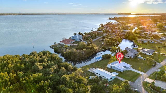 drone / aerial view featuring a water view