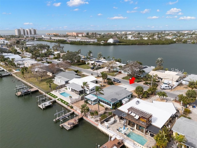 drone / aerial view featuring a water view