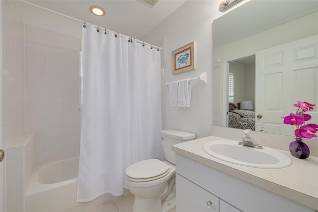 full bathroom with shower / bathtub combination with curtain, tile patterned floors, toilet, and vanity