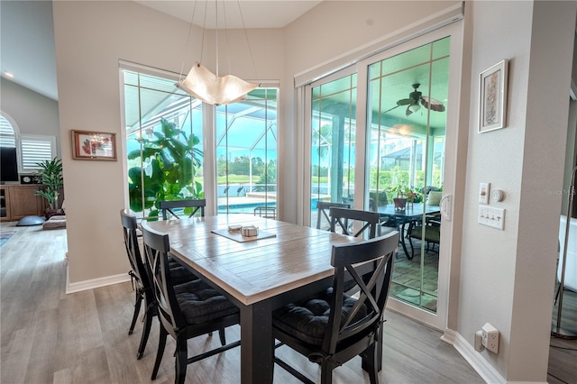 12113 Marblehead Dr, Tampa, FL 33626 - dining room featuring a sunroom, wood finished floors, baseboards, and a ceiling fan