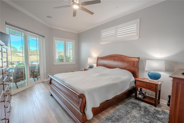 12113 Marblehead Dr, Tampa, FL 33626 - bedroom featuring access to exterior, crown molding, wood finished floors, baseboards, and a ceiling fan