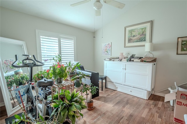 12113 Marblehead Dr, Tampa, FL 33626 - misc room with light wood-style flooring, lofted ceiling, an office area, a ceiling fan, and baseboards