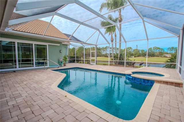 12113 Marblehead Dr, Tampa, FL 33626 - view of pool with a patio area, a pool with connected hot tub, golf course view, and a lanai