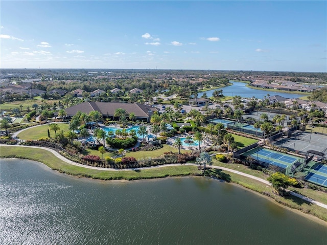 drone / aerial view with a water view