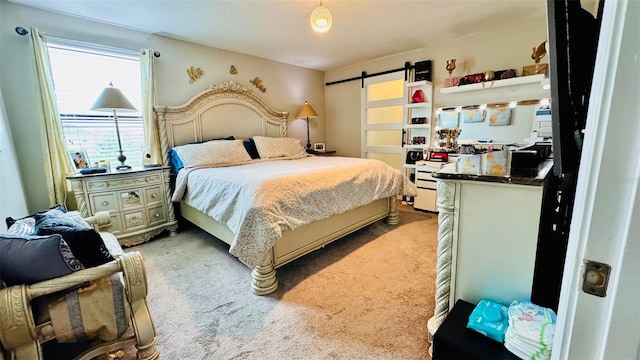 carpeted bedroom with a barn door