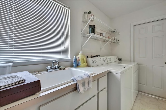 10412 Ireland St, Spring Hill, FL 34608 - laundry area with marble finish floor, independent washer and dryer, cabinet space, and a sink