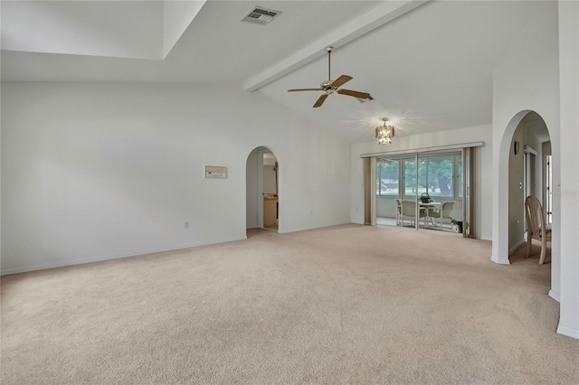 10412 Ireland St, Spring Hill, FL 34608 - interior space with a ceiling fan, visible vents, light colored carpet, beamed ceiling, and arched walkways