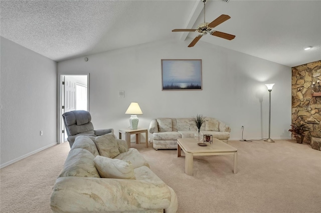 10412 Ireland St, Spring Hill, FL 34608 - living area featuring a textured ceiling, baseboards, ceiling fan, light carpet, and vaulted ceiling with beams