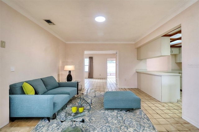 living room with light tile patterned floors and crown molding