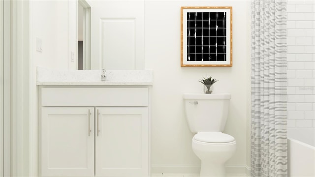 full bathroom with shower / tub combo with curtain, vanity, and toilet