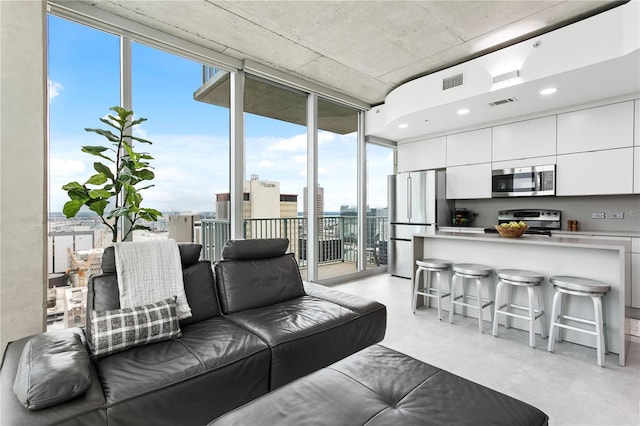 living room with a wall of windows