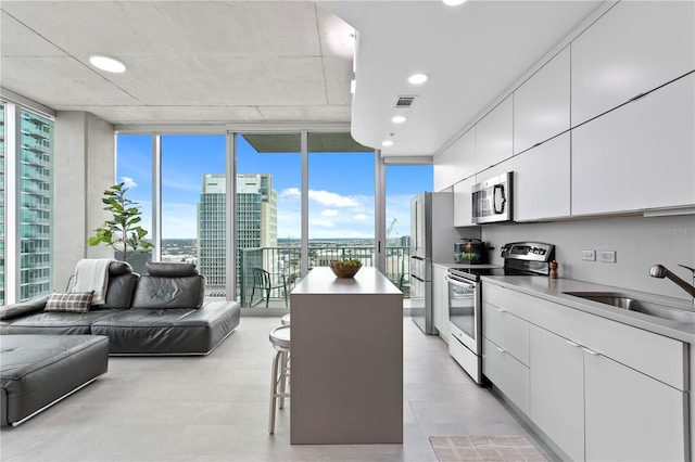 kitchen featuring sink, white cabinets, a kitchen bar, a wall of windows, and stainless steel appliances