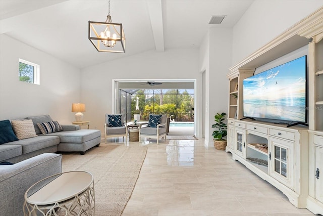 living area featuring lofted ceiling with beams, a sunroom, visible vents, and a chandelier