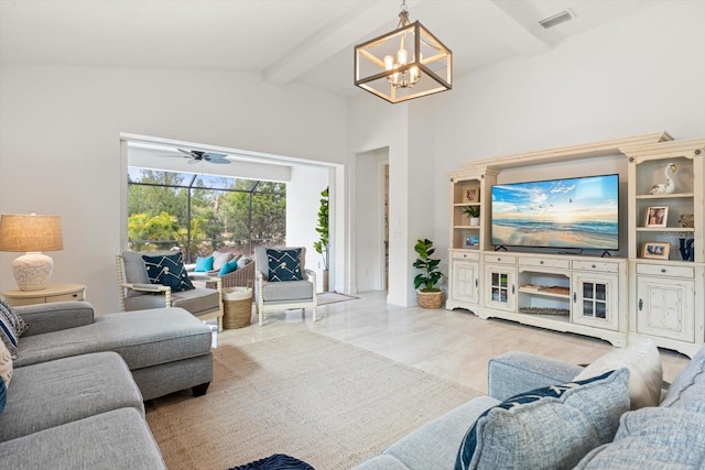 living room featuring visible vents, vaulted ceiling with beams, and a notable chandelier