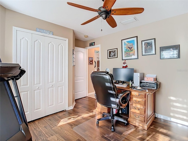 office area featuring ceiling fan and dark hardwood / wood-style floors