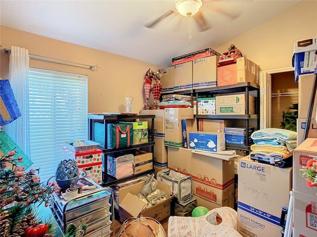 storage area featuring ceiling fan