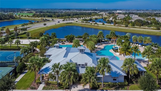 aerial view featuring a water view