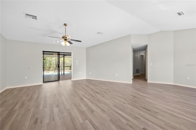 unfurnished room with ceiling fan and light hardwood / wood-style flooring