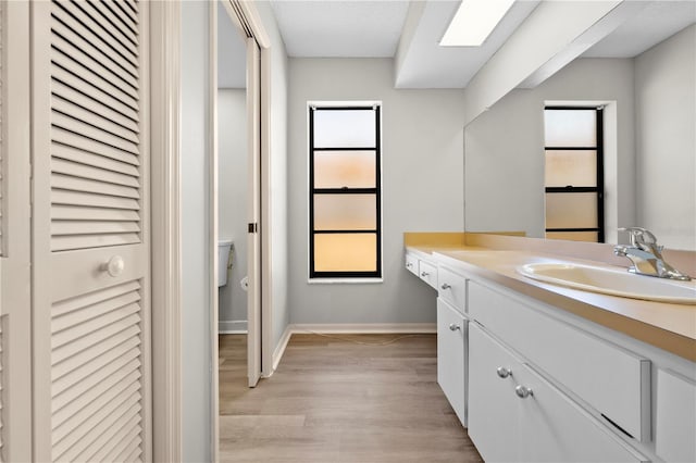 bathroom featuring toilet, vanity, and hardwood / wood-style flooring