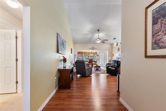 hall featuring lofted ceiling and hardwood / wood-style flooring