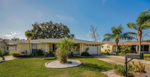 ranch-style house with a front lawn and a garage