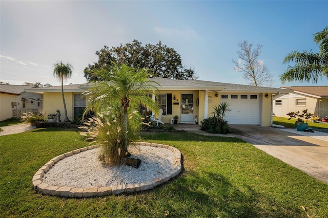 ranch-style home featuring a garage and a front lawn