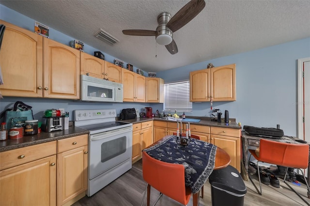 kitchen featuring a textured ceiling, light brown cabinetry, dark hardwood / wood-style floors, and white appliances