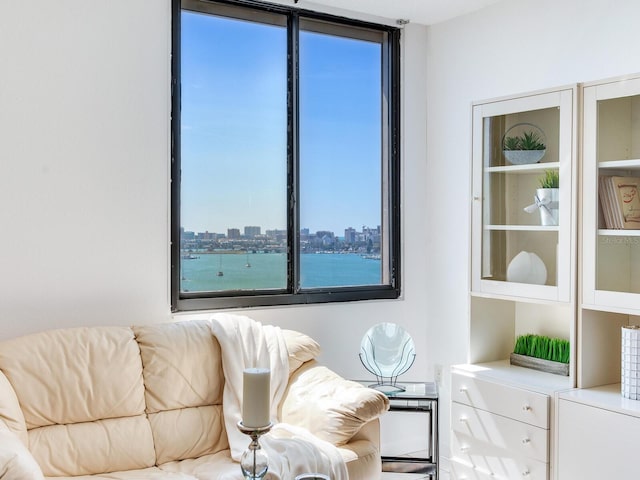 sitting room with a water view and a healthy amount of sunlight