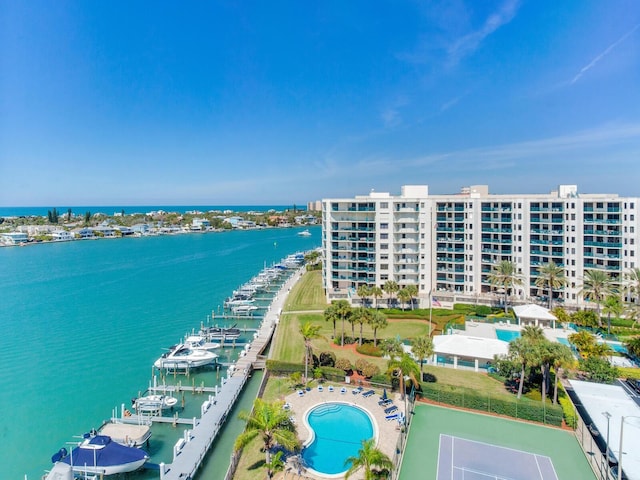 drone / aerial view featuring a water view