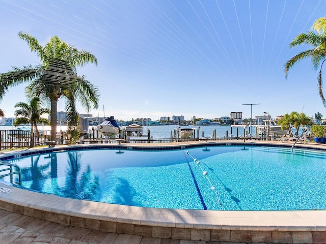 view of swimming pool with a water view