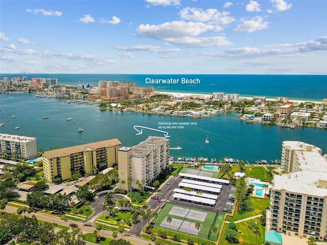 birds eye view of property featuring a water view