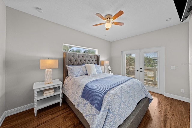 bedroom featuring access to outside, ceiling fan, french doors, and dark hardwood / wood-style floors