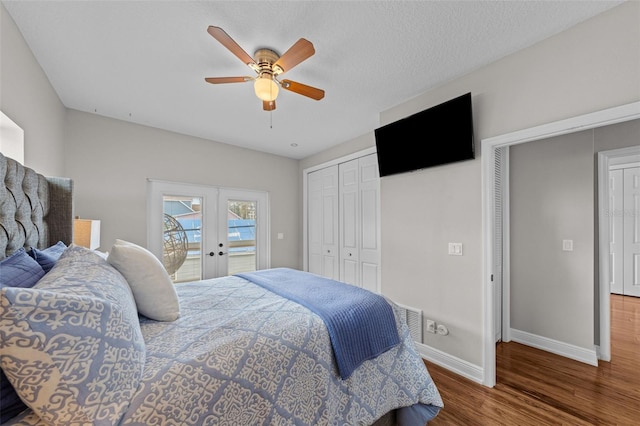 bedroom with french doors, access to outside, ceiling fan, and dark hardwood / wood-style floors