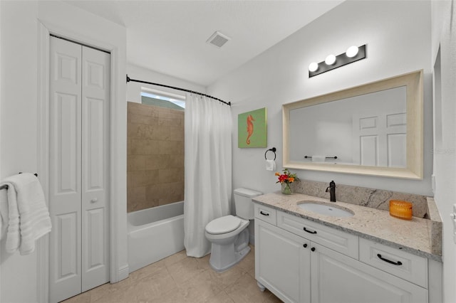 full bathroom with toilet, vanity, shower / tub combo with curtain, and tile patterned flooring