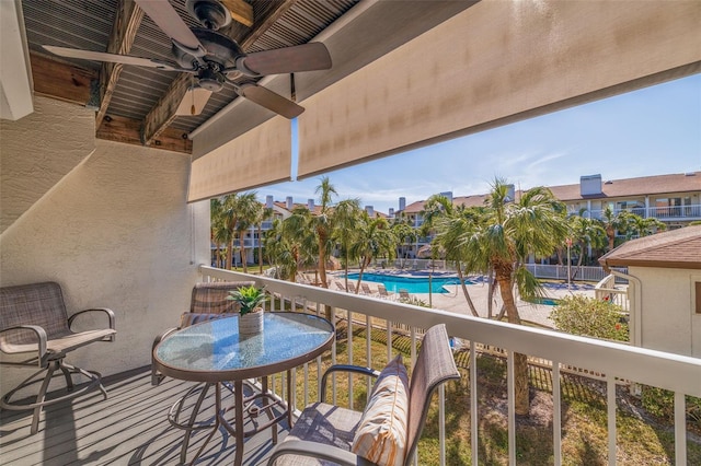 balcony featuring ceiling fan